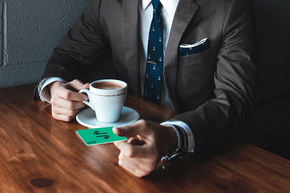 EviSwap NFC vCard VCF Greentech eco friendy man coffee hand card logo co-friendly technology Freemindtronic Andorra