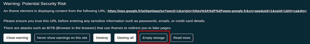 EviBITB destroy all or one url trust empty storage web navigator warning potential security risk BITB protection close warning nevers show warning on the site destroy read more by Freemindtronic
