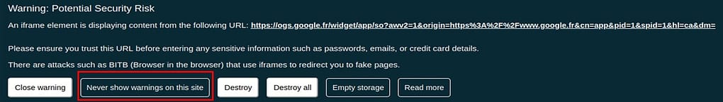 EviBITB never show warning on the site potential security risk BITB close warning nevers show warning on the site destroy one or all empty storage web navigator read more by Freemindtronic